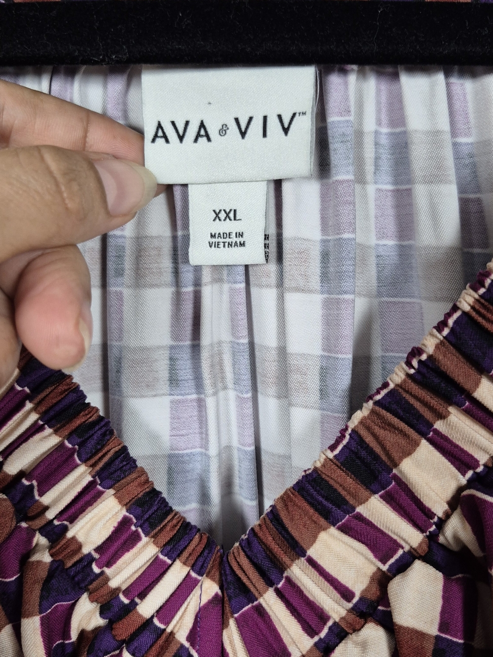 Ava & Viv Plaid V-Neck Midi Dress with Pockets Purple Cream XXL - Picture 3 of 8